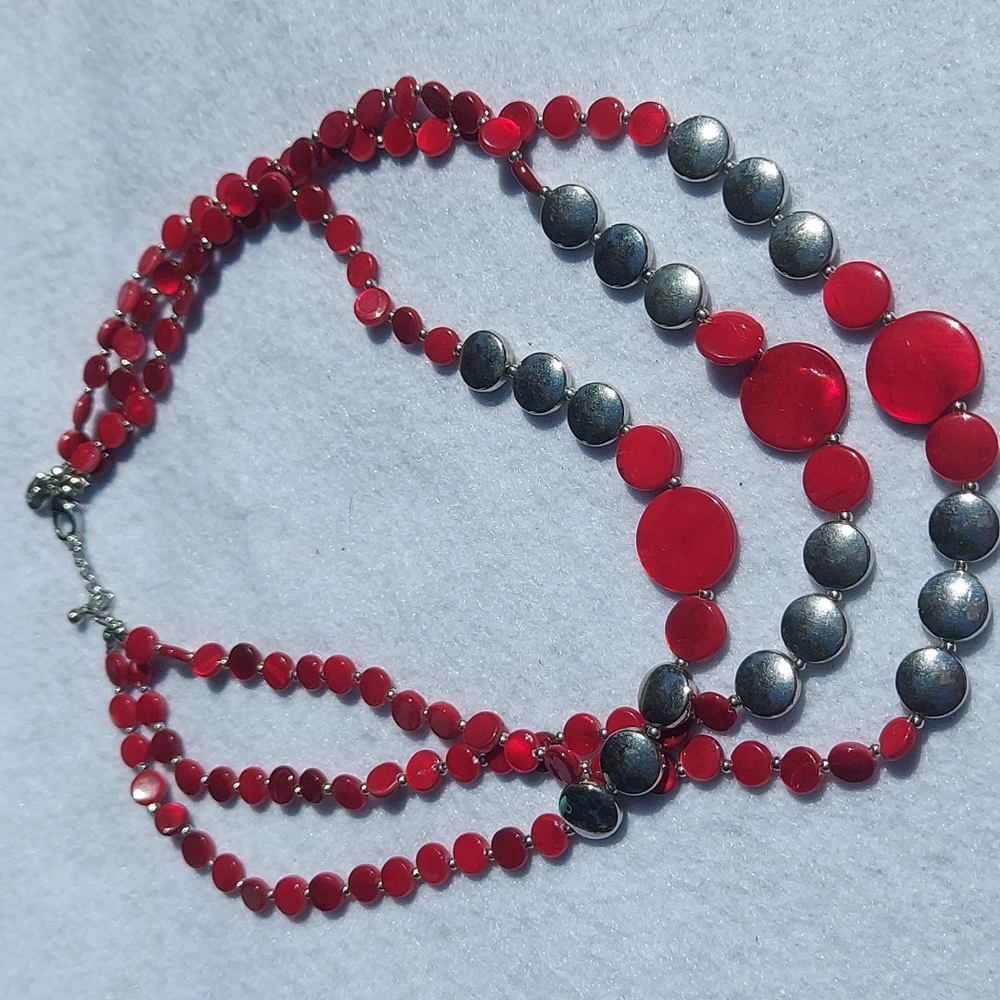 Charming Charlie Red and Silvertone multi strand Necklace #22